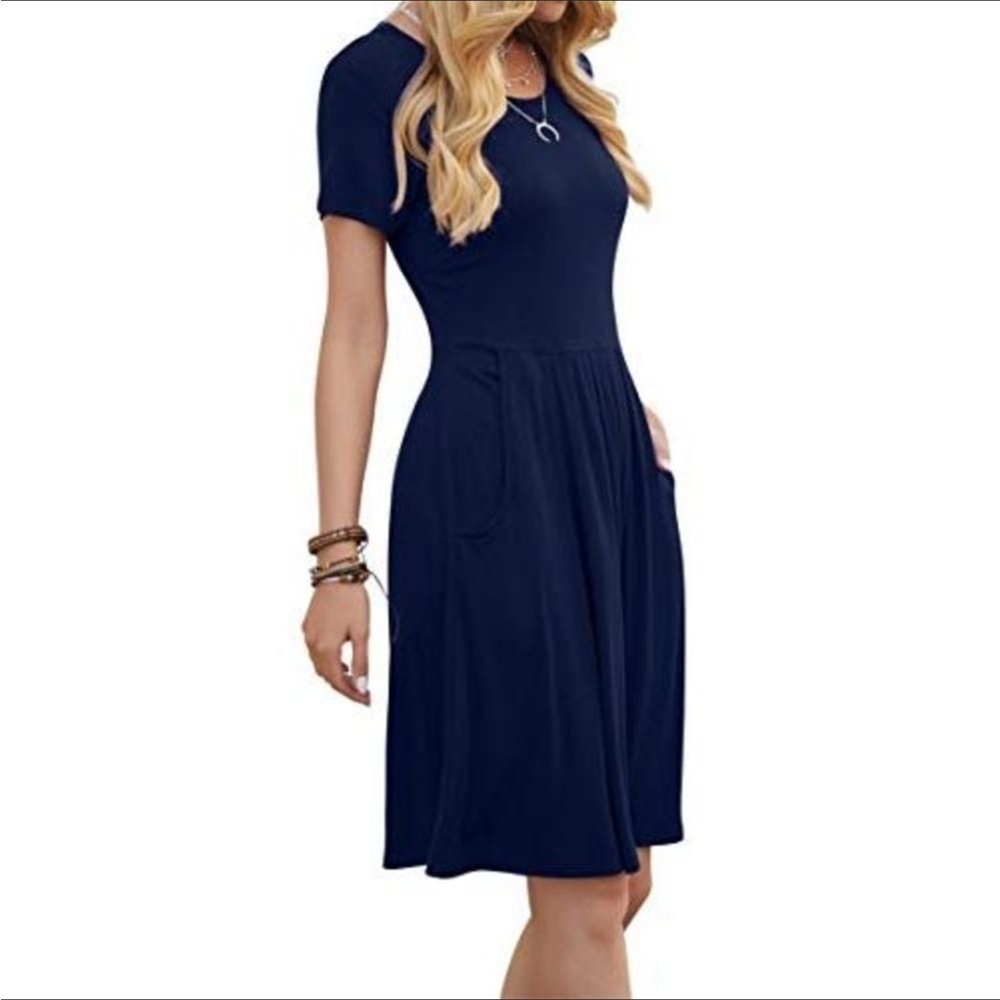 DouBCQ‎ Dress Womens Large Navy Blue Short Sleeve Pockets Pleated Rayon Stretch
